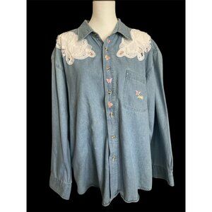 Ariel’s Chambray Butterflies Lace Shirt Button Denim Top Blouse Cottagecore XL